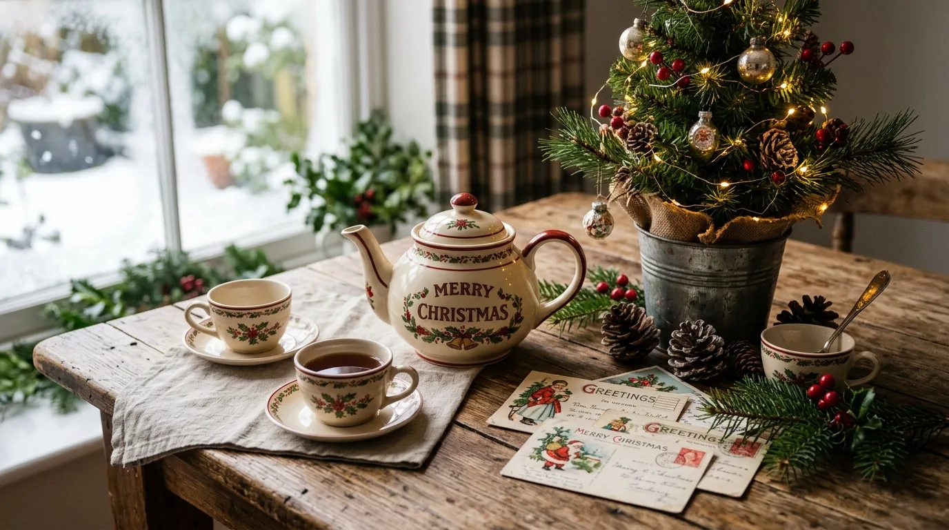 Vintage Christmas tabletop scene with postcards, pinecones, and a small tree.